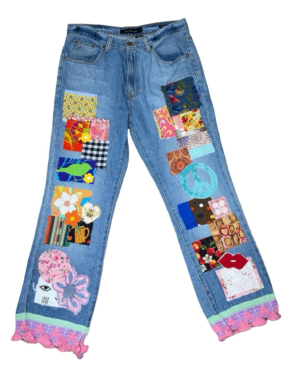Calvin Klein Womens Upcycled Custom Patchwork Jeans Boho Hippie fringe y2k